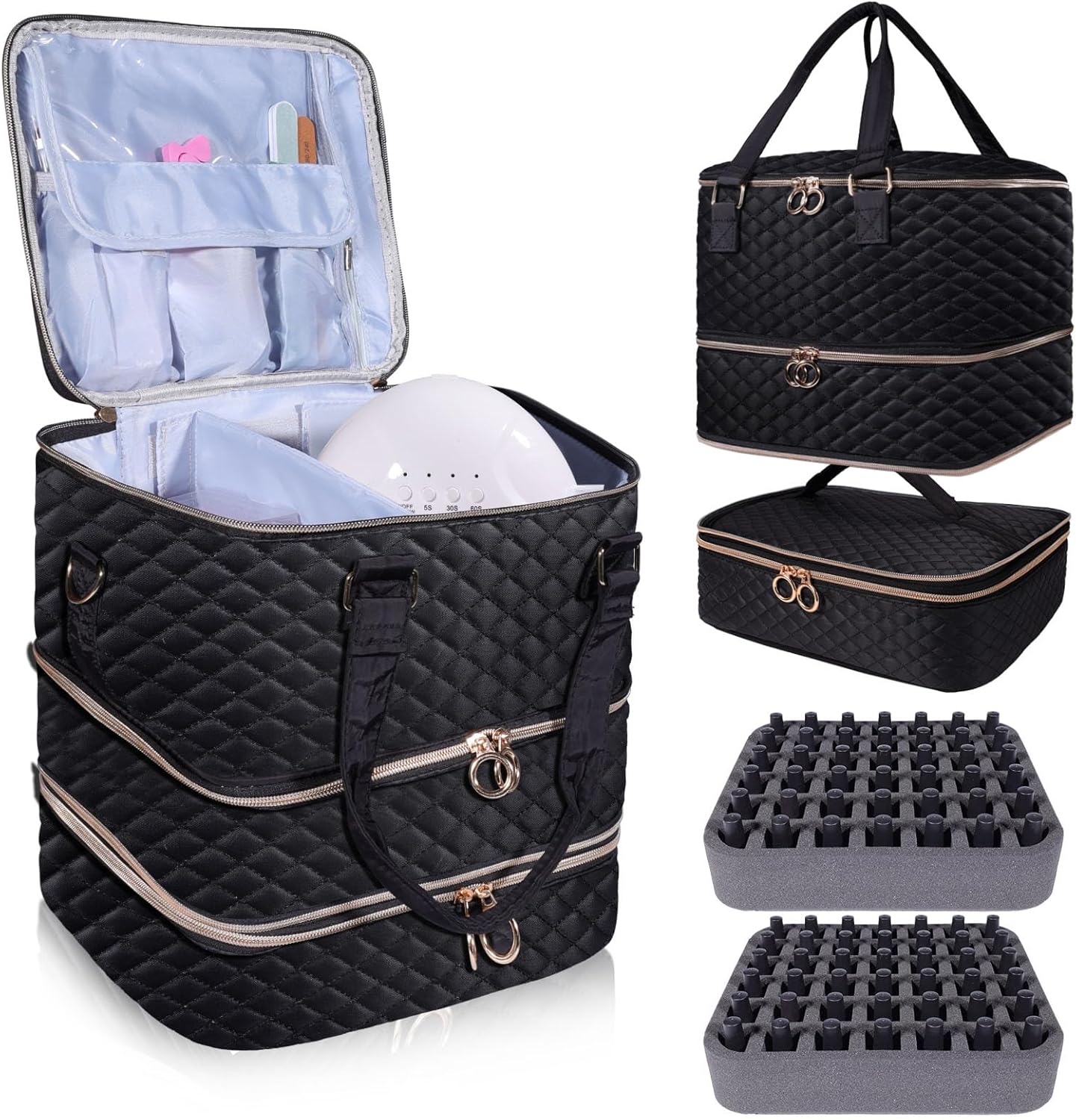 Nail Polish Organizer Case,3 Layers Nail Organizers and Storage With Detachable Holds 84 Bottles Nail Polish & Nail Lamp Large Nail Polish Organizer Bag ,for Manicure Tools, Nail Polish Kit (Black)