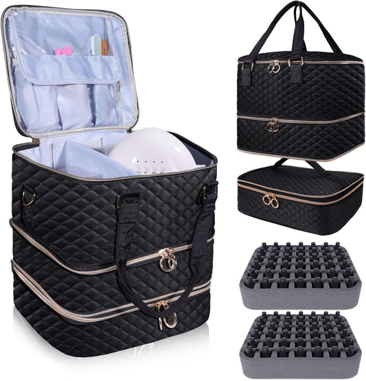 Nail Polish Organizer Case,3 Layers Nail Organizers and Storage With Detachable Holds 84 Bottles Nail Polish & Nail Lamp Large Nail Polish Organizer Bag ,for Manicure Tools, Nail Polish Kit (Black)