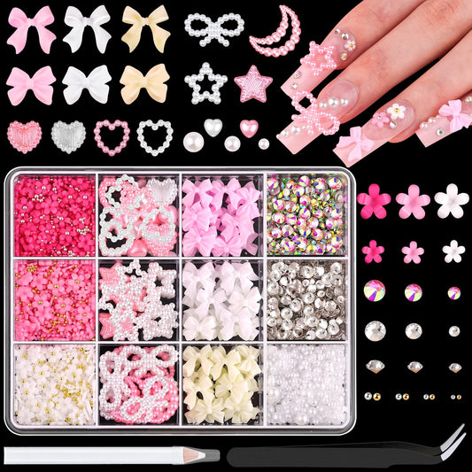 Chunky Nail Charms and Gems Set 3, Girly Coquette Nail Charms + Assorted Pearl Bows Heart Star Moon + Cute 3D Flowers for Nails + Flatback Rhinestones & Pearls with Tools for Kawaii Nail Design