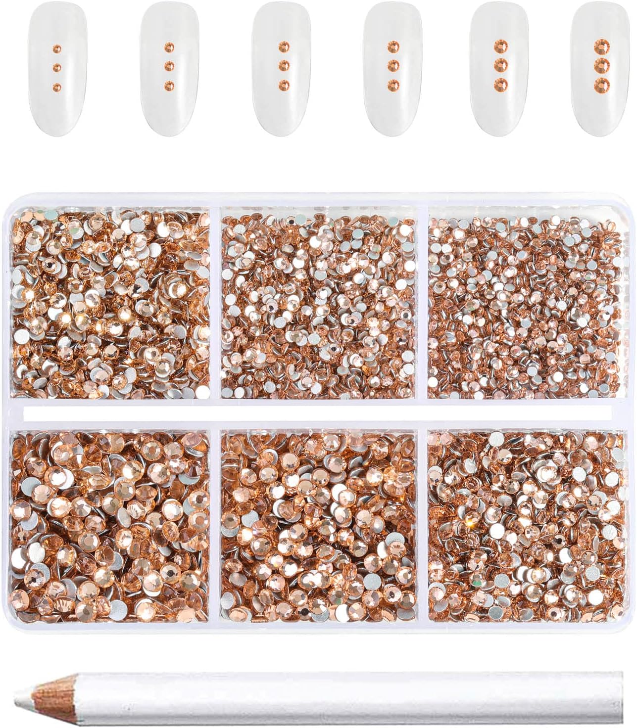 Beadsland 7200pcs Flatback Rhinestones,Champagne Rhinestone Nail Gems Round Crystal Rhinestones for Crafts,Mixed 6 Sizes with Wax Pencil Kit, SS3-SS10,Light Peach