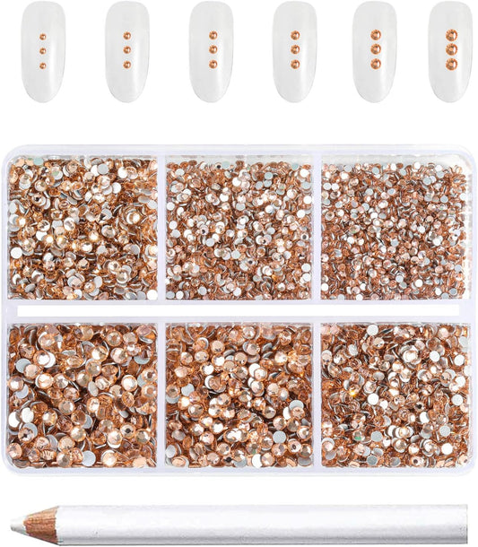 Beadsland 7200pcs Flatback Rhinestones,Champagne Rhinestone Nail Gems Round Crystal Rhinestones for Crafts,Mixed 6 Sizes with Wax Pencil Kit, SS3-SS10,Light Peach