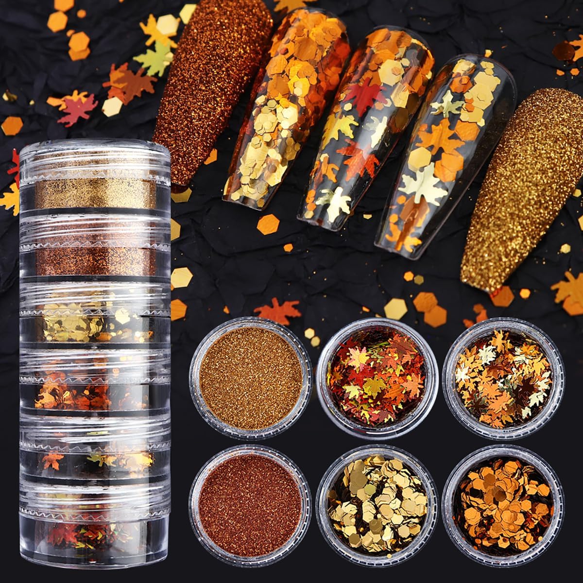 Golden Fall Nail Art Glitters Maple Leaf Nail Sequins Autumn Leaves Nail Decoration Accessories 3D Maple Leaves Nail Decals Professional Fall Nail Designs for Women Manicure DIY 6 Jars