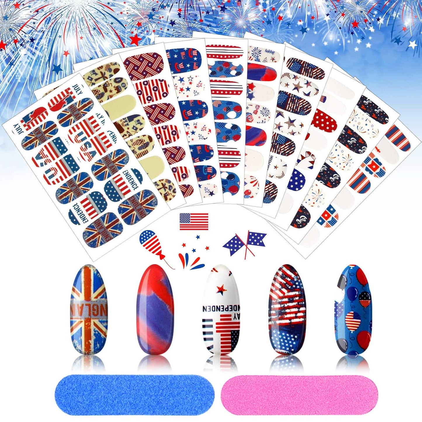 Maitys 140 Pcs 10 Sheets Patriotic Full Wrap Nail Stickers 4th of July Polish Strips Gradient Stickers Memorial Independence Day Glitter Self Adhesive DIY Art Strips with 2 Pcs Nail Files