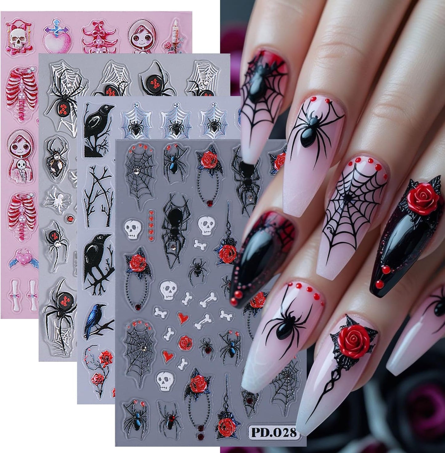 3D Horror Halloween Nail Art Stickers Decals Scary Skeleton Crow Spider Skull Nail Stickers with Spider Web Design Self-Adhesive Red Blue Rose Nail Decals for Women DIY Manicure 4 Sheets