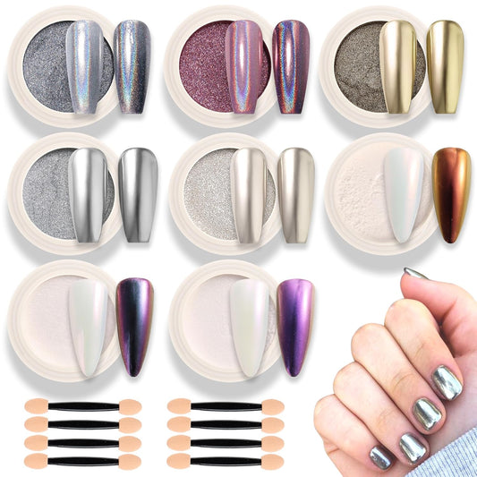 Chrome Nail Powder 8 Colors Chrome Powder for Nails Art Glitter Mirror Effect Holographic Pigment Aurora Iridescent Chameleon Powder 8g/Jar,Manicure Decoration Supplies,8 Sponge Sticks