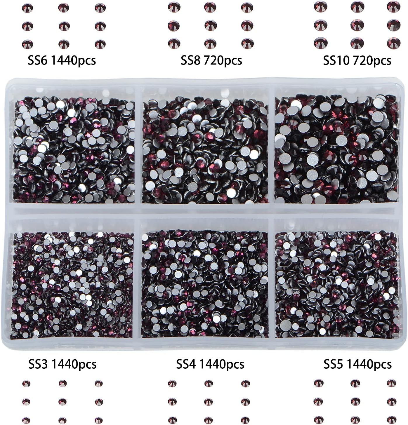 Bymitel 7200 Pieces 6 Mixed Sizes Glue Fix on Glass Rhinestones Round Crystal Gems Flatback for DIY Jewelry Making with one Picking Pen(6-Sizes 7200PCS, Amethyst)