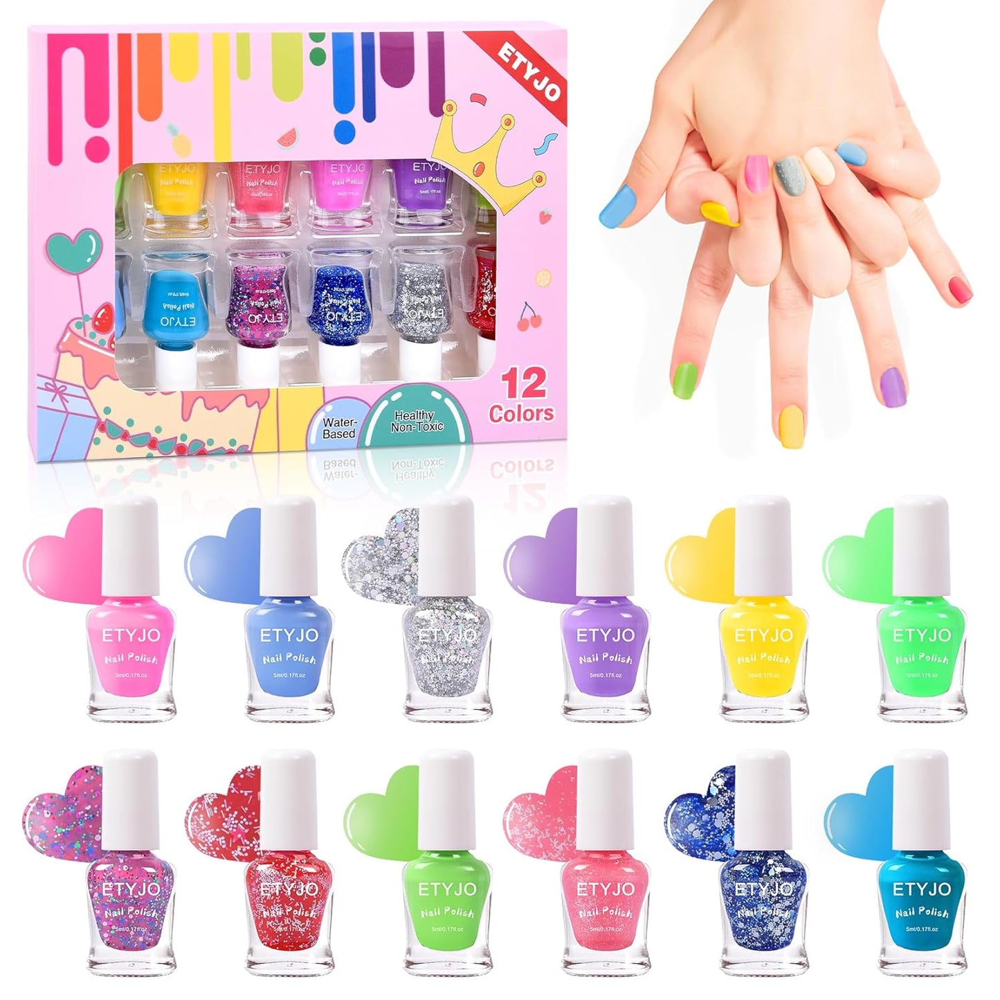 Kids Nail Polish - 12 Colors Rainbow Nail Polishs, Non-Toxic Water-Based Peel Off Nail Polish Set, Gift Kit Set for Kids Girls, Ages 3+