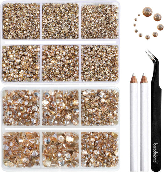 Beadsland 8300PCS Flatback Rhinestones, Gold Rhinestone Round Crystal Rhinestones for Crafts, Mixed 10 Sizes with Wax Pencil and Tweezer Kit, SS3-SS30, Golden Shadow