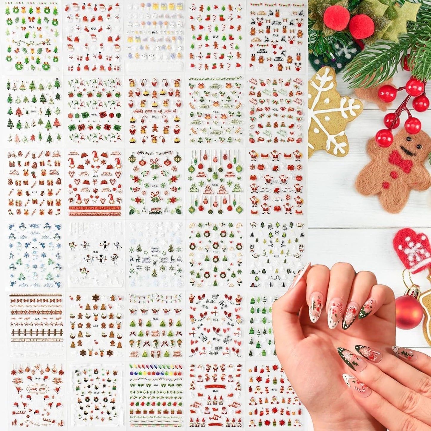 30PCS Christmas Nail Art Stickers Snowflakes Claus Reindeer 3D Self-Adhesive Xmas Nail Decals Nail Art Supplies Xmas Tree Wreath Gingerbread Man Design Christmas Stickers for Holiday Nail Decorations