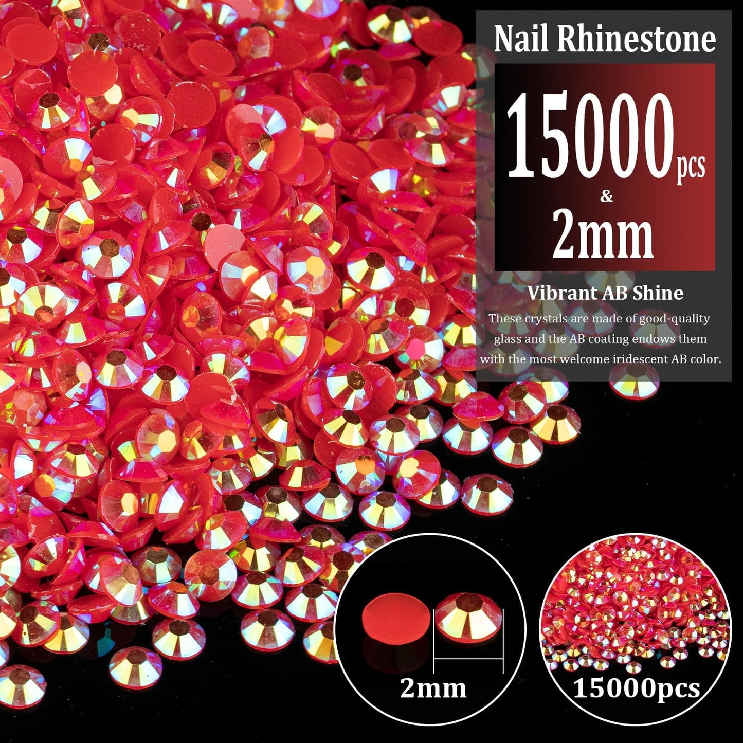 15000pcs 2mm Resin Rhinestones Bulk, Red AB Flatback Round Jelly Rhinestones Bedazzling Non Hotfix Crystal Gems Large Quantity Wholesale for DIY Crafts Clothes Bottles Tumblers Face Makeup Manicure