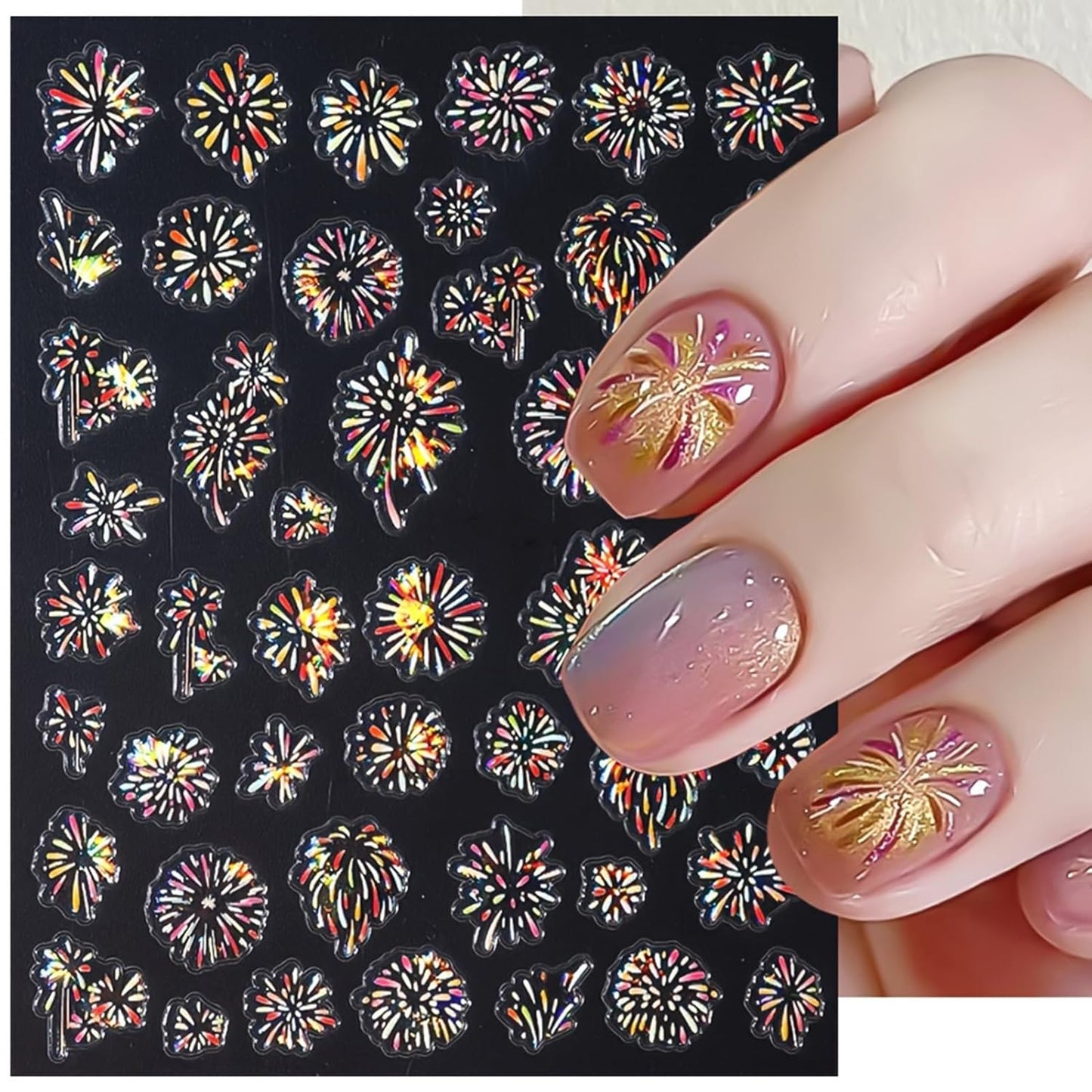 Glitter Firework Nail Art Stickers - Celebrating The New Year, 4th of July Shining Starry Sky Self-Adhesive Nail Decals for DIY Patriotic Independence Day Memorial Day Manicure (3 Sheets)