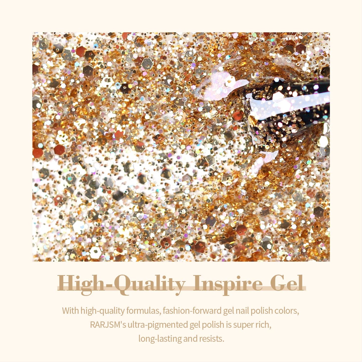 RARJSM Champagne Gold Glitter Gel Nail Polish Sparkly Iridescent Rainbow Shimmer Holographic Gelpolish Soak off L e d U V Curing Required High Pigments Gel for Home Salon Manicure Nail Art 15ml