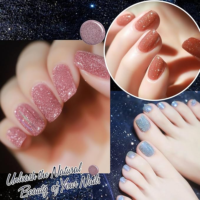 AZUREBEAUTY Reflective Nail Polish Set, 8 Colors Glitter Sparkly Shiny Green Silver Pink Quick Dry Natural Nail Lacquer Strengthening Treatment DIY Manicure Nail Salon