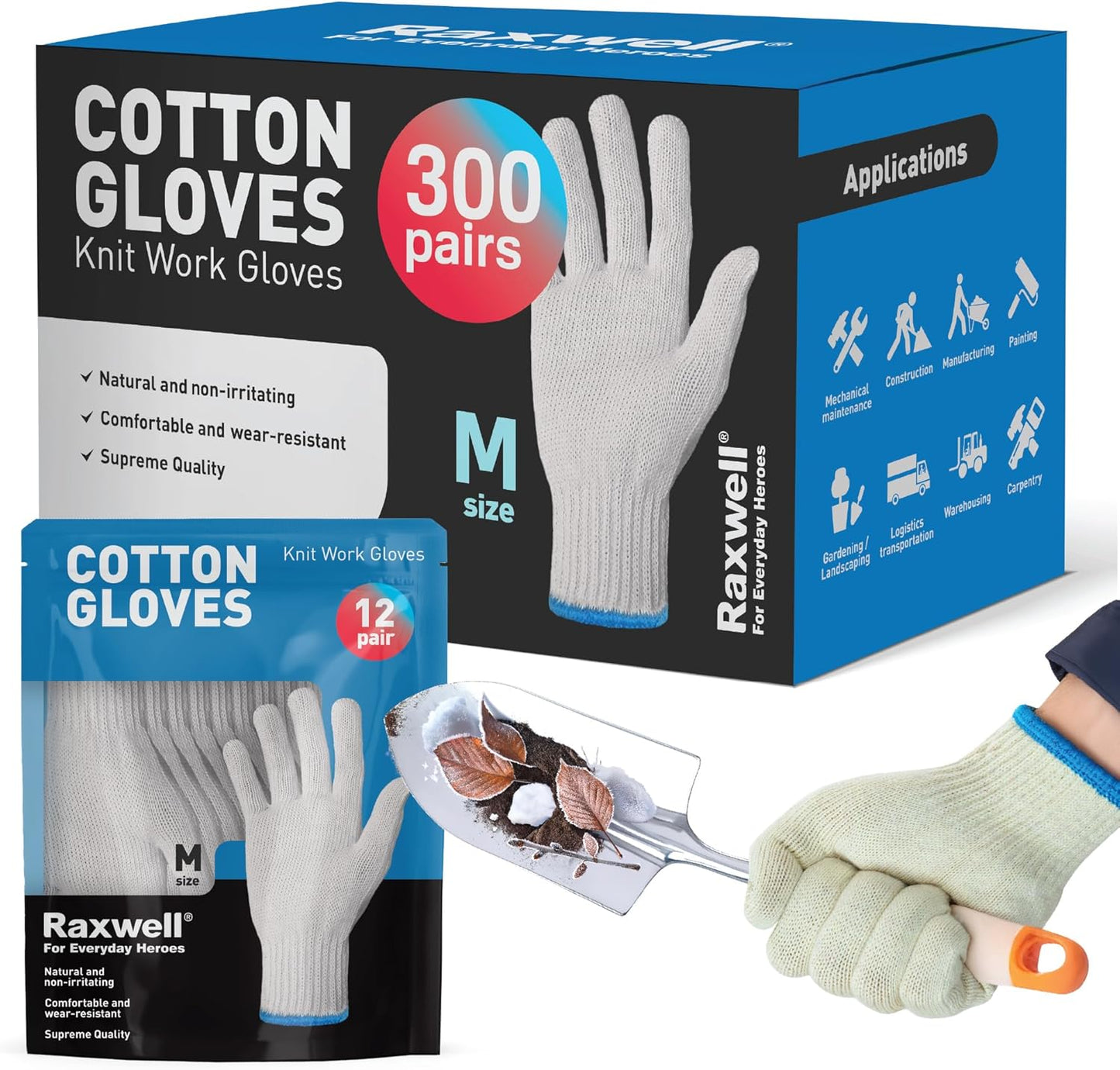 Raxwell White Cotton Gloves, 300 Pairs Bulk Case – Durable Knit Work Liners for BBQ, Painting, Gardening, Industrial, Mechanical Use, Medium Size, Breathable, Comfortable
