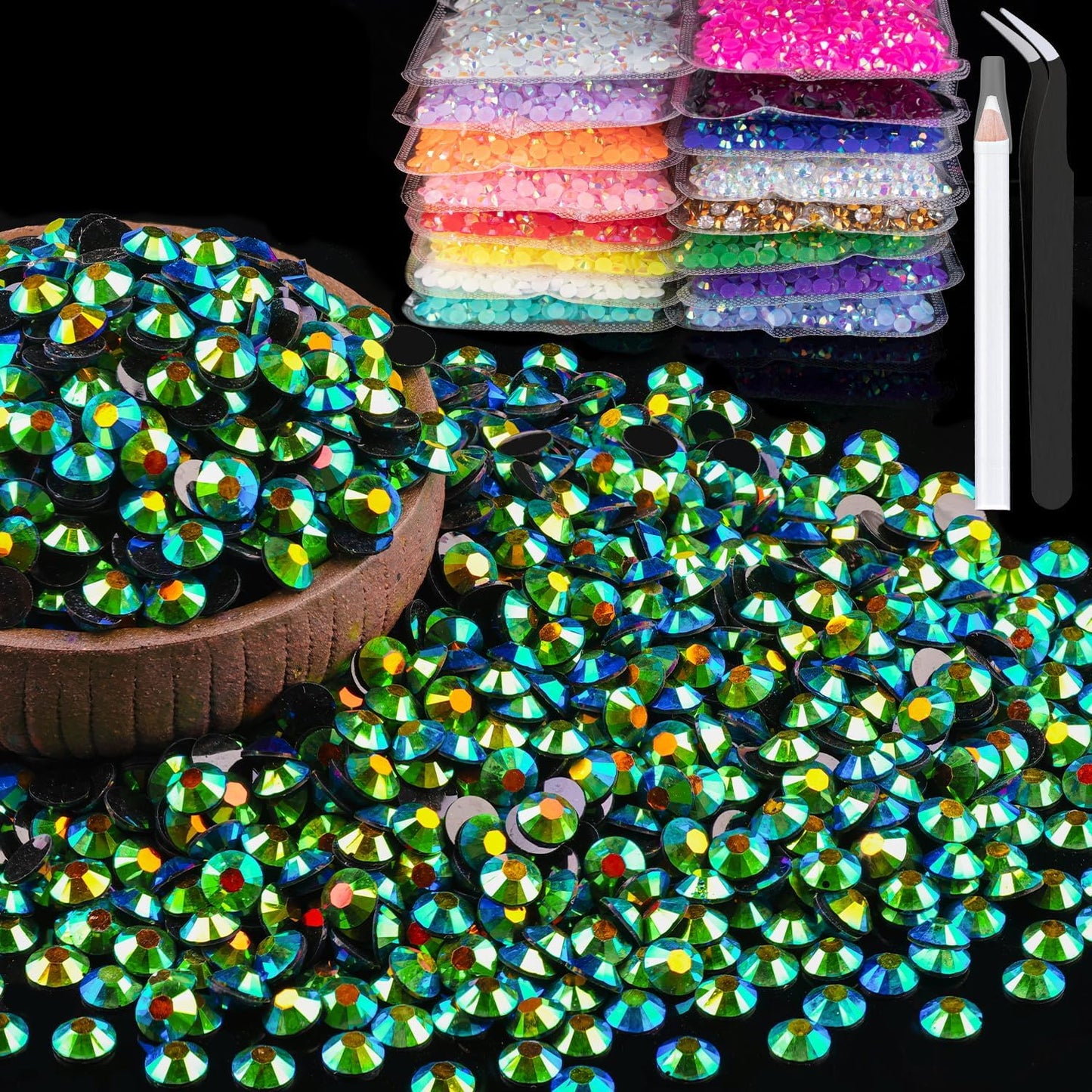 2000pcs 6mm Resin Rhinestones Bulk, Emerald Black AB Flatback Round Jelly Rhinestones Non Hotfix Crystal Gems Large Quantity Wholesale for DIY Crafts Clothes Face Makeup Manicure