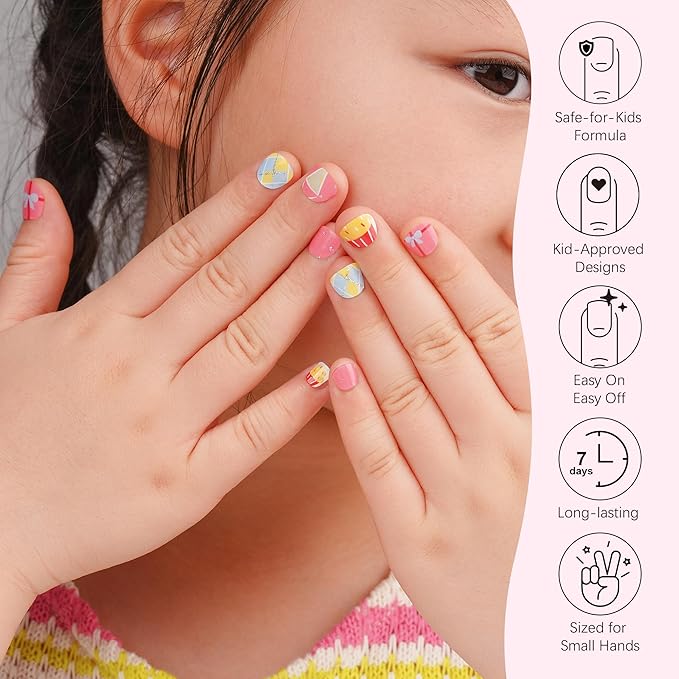 DANNI & TONI Kids Gel Nail Strips Cake Bowknot Peachy Pink Salon-Quality Peel & Stick Manicure for Children (Age 6+)– Safe, Long-Lasting, Easy to Apply |Sweet Party