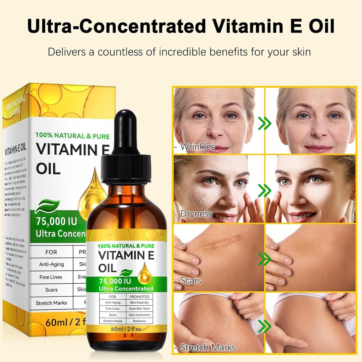 Vitamin E Oil Blend 75,000 IU, Pure Vitamin E Oil for Skin, Scars, Nails and Scalp, Face and Body Moisturizer, Hydrating Dry Skin, Reduce Stretch Marks, Fine Lines & Wrinkles, 2Fl Oz (Pack of 2)