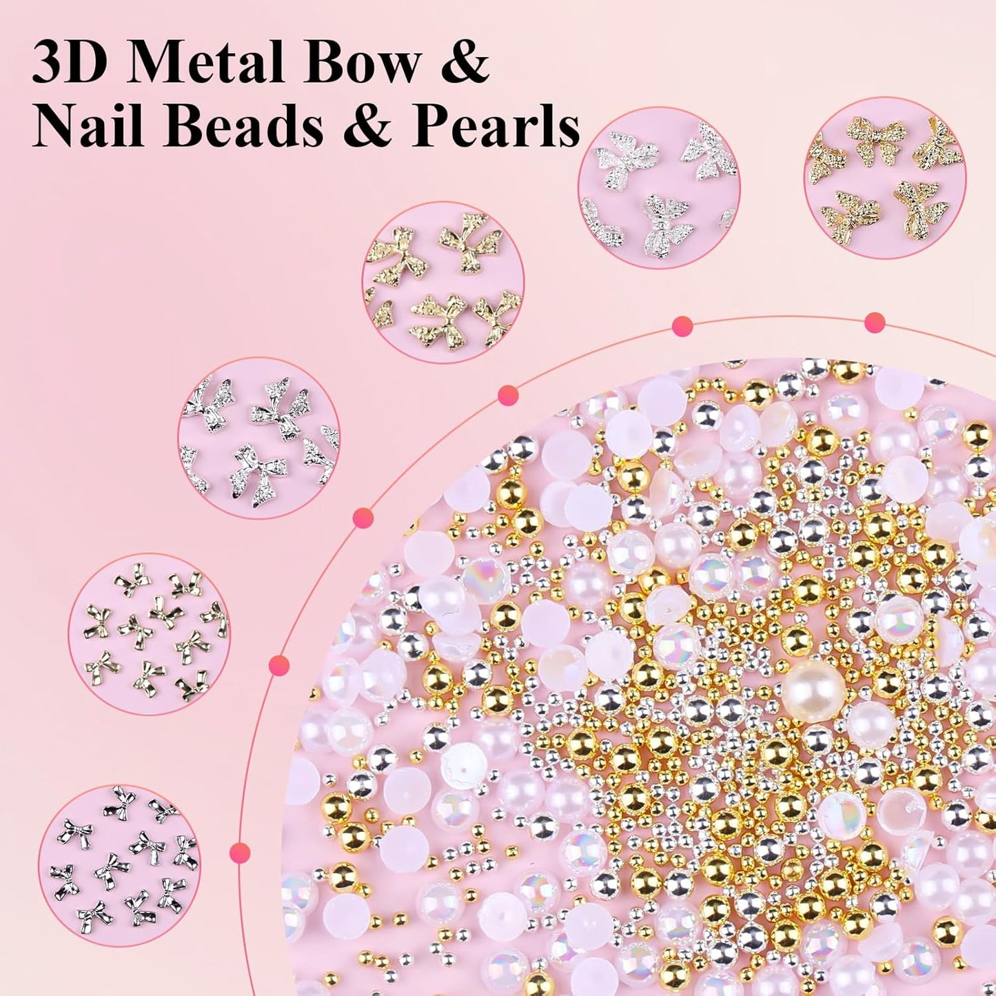3D Metal Bowknot & AB Pearl and Mini Beads Nail Art Kit - Gold/Silver Alloy Bowknot, 1-2mm Stainless Steel Caviar Beads, 3mm Half Pearls for Professional Salon & DIY Manicure Jewelry Designs (Set 1)