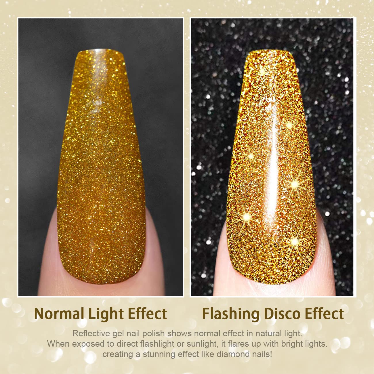 RARJSM Gold Glitter Gel Nail Polish,Reflective Gel Nail Polish,Flash Diamond Nail Gelpolish Soak off Disco Shimmer Gelpolish UV LED Curing Requires 15ml for Home Salon Diy Nail Manicure Decoration