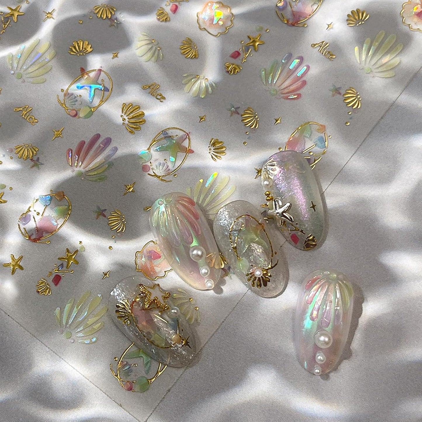 Summer Nail Art Stickers Extra Shiny 5D Self-Adhesive Shell Starfish Nail Decals Gold Star Shell Design Summer Beach Ocean Nail Supplies for Women Manicure Decorations Exquisite Cardboard Set 1 Sheet