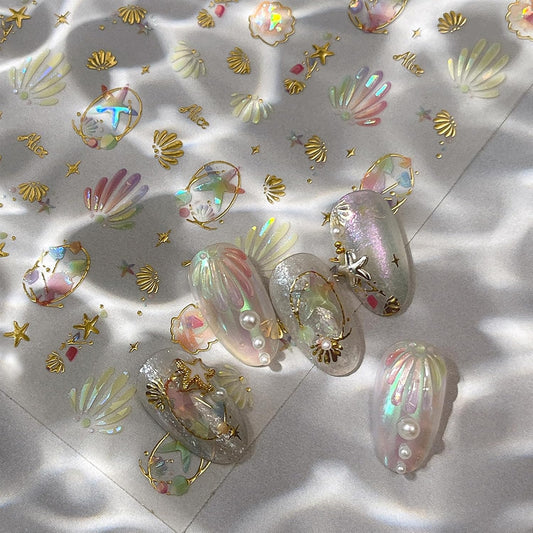 Summer Nail Art Stickers Extra Shiny 5D Self-Adhesive Shell Starfish Nail Decals Gold Star Shell Design Summer Beach Ocean Nail Supplies for Women Manicure Decorations Exquisite Cardboard Set 1 Sheet