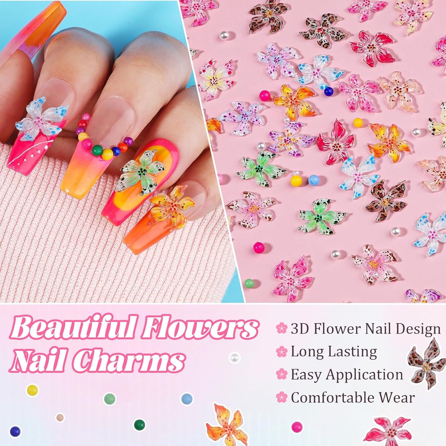 300Pcs Flower Nail Charms Kit, 100Pcs 3D Hawaii Flowers and 100Pcs Nail Pearls with 100Pcs Macaron Beads, Colorful Hibiscus Floral Charms Tiny Gems Round Beads for Nails Designs DIY Crafts
