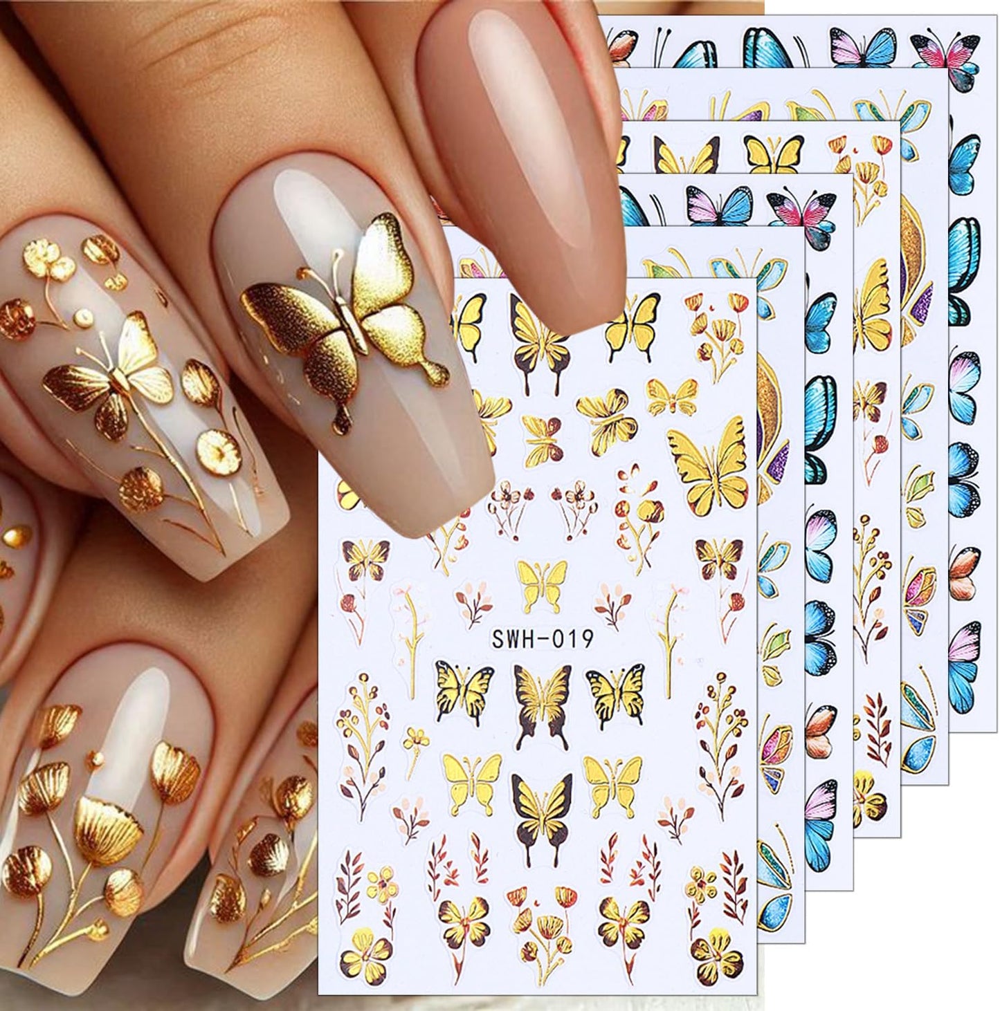 6 Sheets Butterfly Nail Decals for Nail Art Spring Flower Nail Stickers 3D Self-Adhesive Colorful Butterfly Nail Art Stickers Gold Floral Leaf Nail Decoration for Women Girls DIY Manicure Supplies