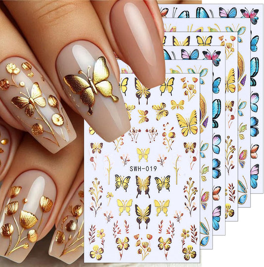 6 Sheets Butterfly Nail Decals for Nail Art Spring Flower Nail Stickers 3D Self-Adhesive Colorful Butterfly Nail Art Stickers Gold Floral Leaf Nail Decoration for Women Girls DIY Manicure Supplies