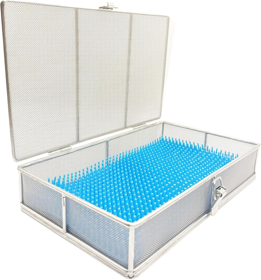 Instrument Tray with Silicone Mat&Lid, 11.81"x7.87"x2.75" (30x20x7cm), 304 Stainless Steel Sterilization Basket–Ultrasonic Perforated Mesh Tray for Ophthalmic, ENT Instruments, Cleaning&Sterilization