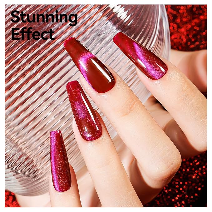 Cat Eye Gel Polish - Holographic Magnetic Nail Polish With Magnet, Jelly Hot Pink/Red Color Translucent UV Gel Crystal Manicure Salon DIY At Home, 12ml