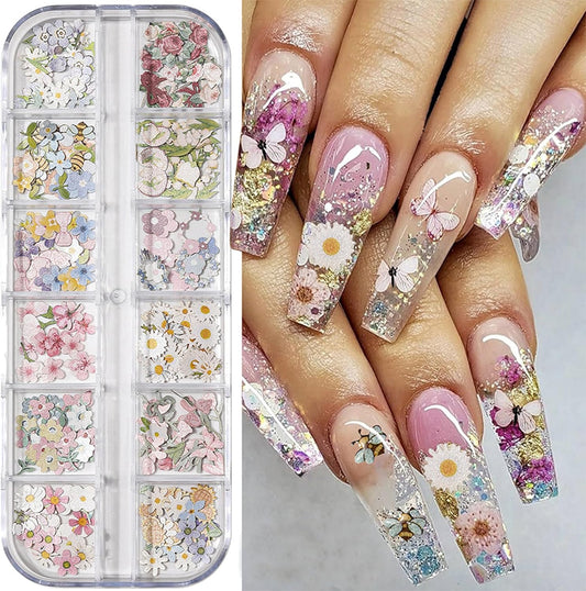 300Pcs 3D Flower Nail Art Charms Sequins Decals Colorful Mixed Flowers Leaves Butterfly Design Slice Nail Flowers Ultra Wood Pulp Flakes Sequins 1