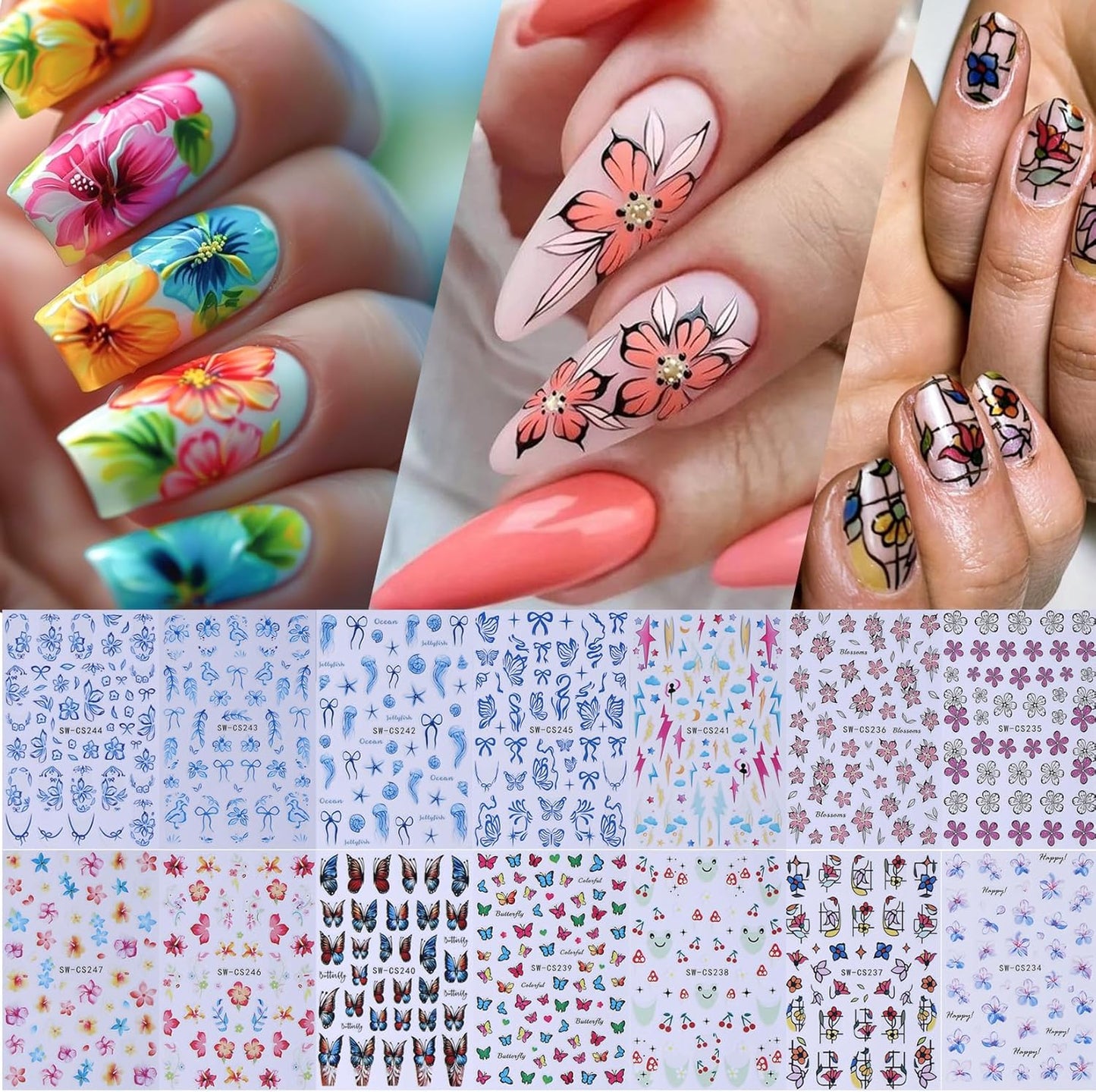 Tropical Nail Art Stickers Decals 14 PCS 3D Blue Flower Jellyfish Nail Art Designs Hibiscus Butterfly Geometry Stickers Colorful Charms Nails Supplies Self Adhesive Summer Manicure Decor