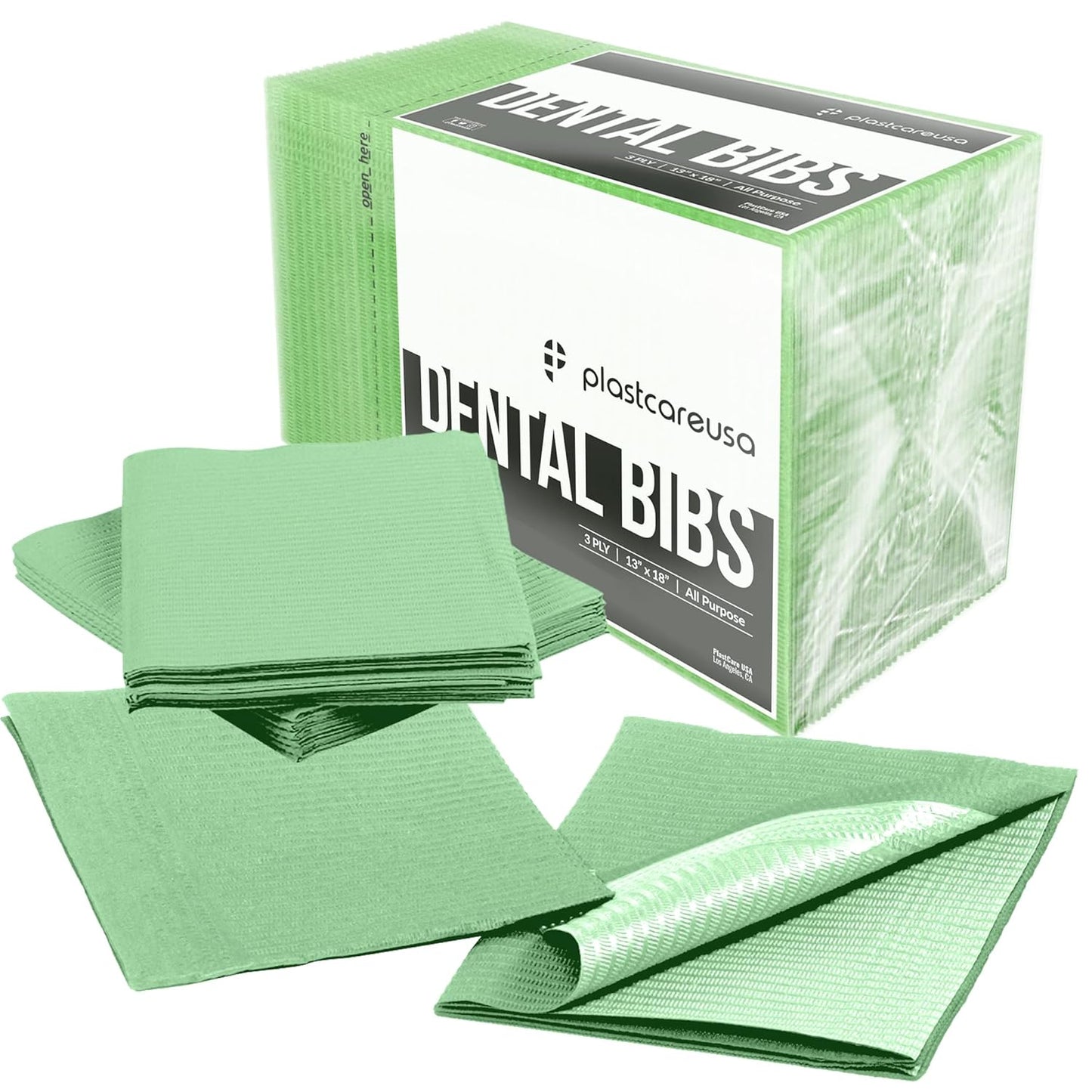 PlastCare USA Disposable Dental Bibs 13"x18" - 3 Ply Waterproof Tattoo Bib Sheet for Patients - Dentist or Medical Tray Cover and Nail Table Cover Supplies, Green