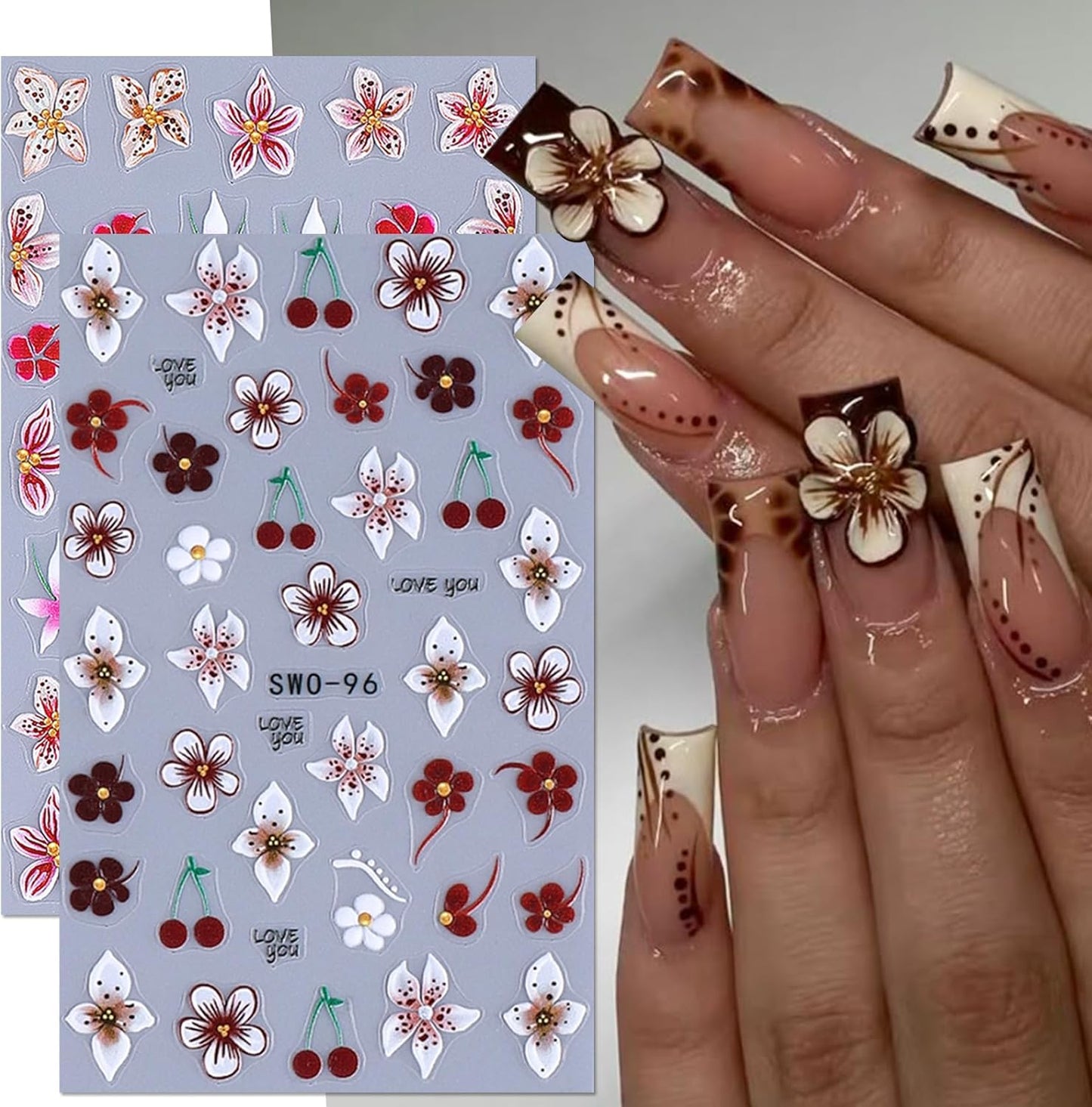 Flower Fall Stickers for Nails 10 PCS Brown Hibiscus Nail Art Decals 3/5D Self-Adhesive Pink Blue White Flowers Stickers Beach Autumn Nail Design DIY Charms Manicure Decoration Nail Supplies