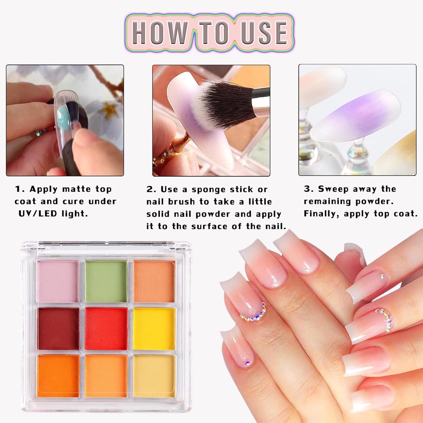 Nail Pigment Powder 9 Colors Nail Pigment Palette Gradient Ombre Color Nails Fine Solid Neon Powder for DIY Design Manicure Beginners -Includes 5 Sponge Sticks 1 Brush #10