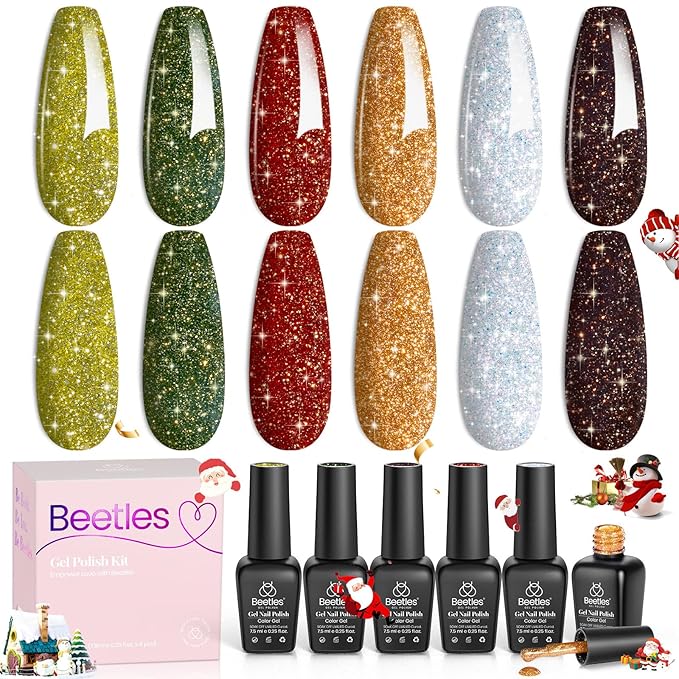 Beetles Glitter Gel Nail Polish Set – Vintage Luminary 6 Sparkling Red Gold Green Colors Reflective Long-Lasting UV LED Soak Off Gel Holiday Party Nail Art Kit Chirstmas Gift for Women