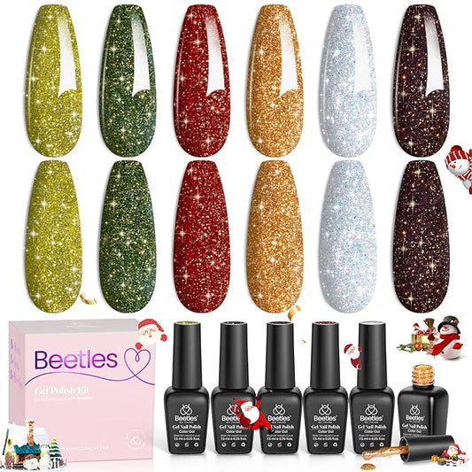 Beetles Glitter Gel Nail Polish Set – Vintage Luminary 6 Sparkling Red Gold Green Colors Reflective Long-Lasting UV LED Soak Off Gel Holiday Party Nail Art Kit Chirstmas Gift for Women