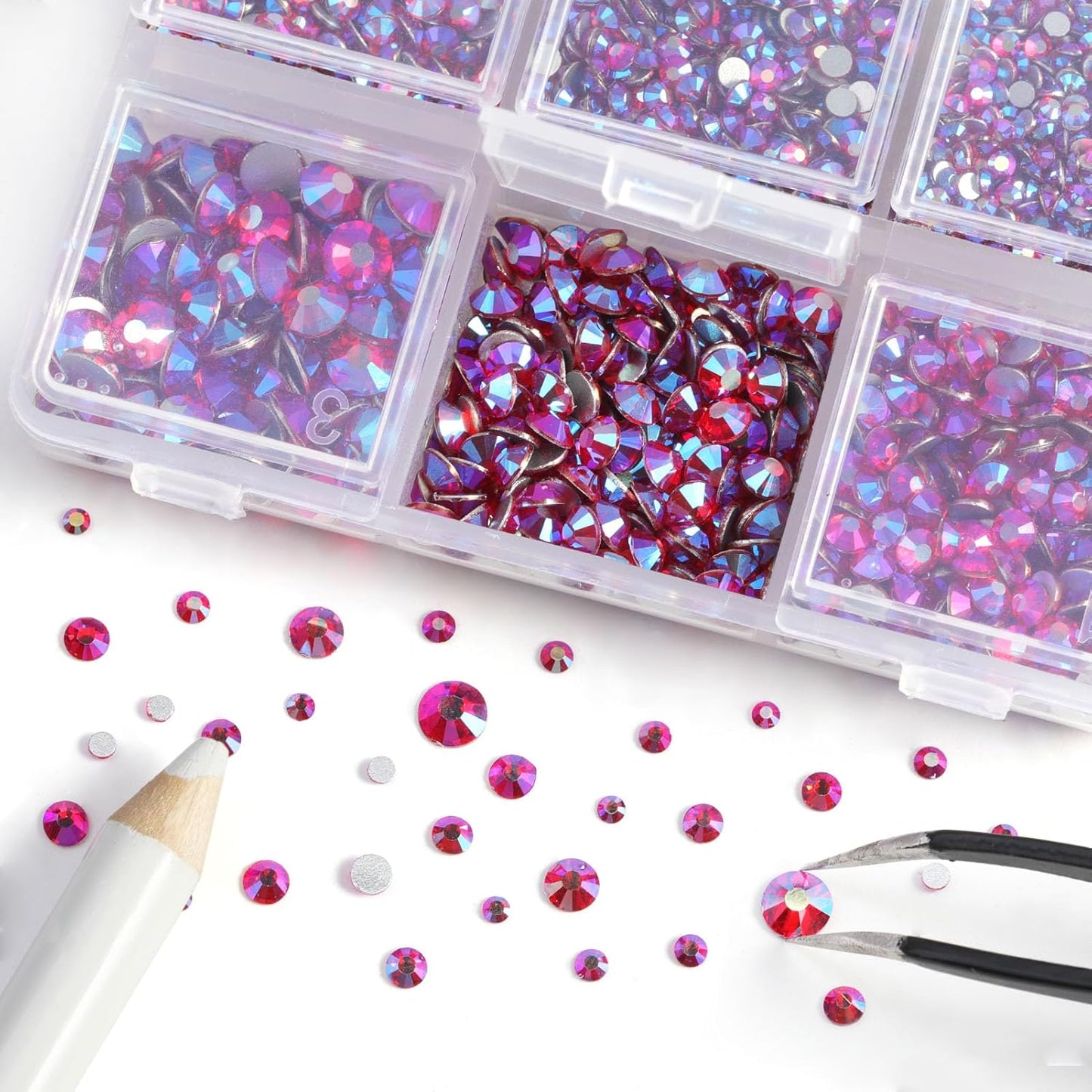 Beadsland 4300pcs Flatback Rhinestones, Red AB Rhinestone Nail Gems Round Crystal Rhinestones for Crafts,Mixed 6 Sizes with Picking Tweezers and Wax Pencil Kit, SS6-SS20, Light Siam AB