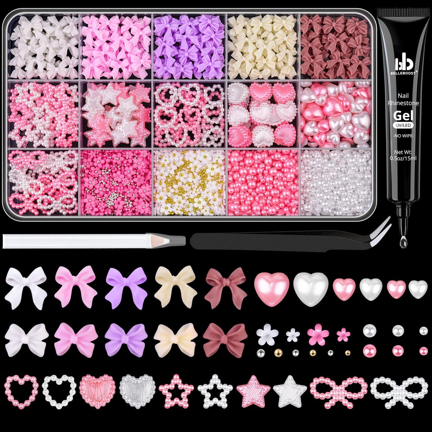 3D Nail Charms for Coquette Nails Design with Rhinestone Glue Set 5, Colorful Nail Bow Charms + Pearl Heart Star Moon Bowknot Nail Jewels + 3D Flowers and Pearls, with Picker Tools for Nail Decor
