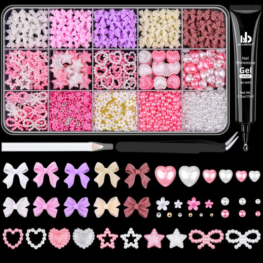 3D Nail Charms for Coquette Nails Design with Rhinestone Glue Set 5, Colorful Nail Bow Charms + Pearl Heart Star Moon Bowknot Nail Jewels + 3D Flowers and Pearls, with Picker Tools for Nail Decor