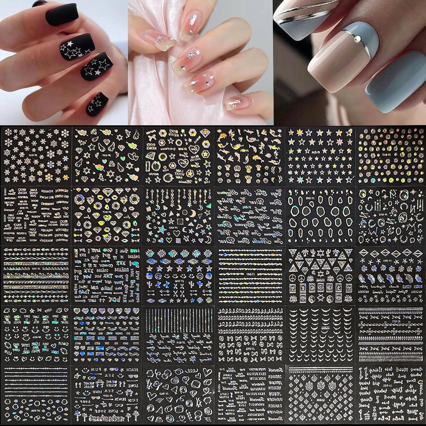 30 Sheets Silver Nail Art Stickers Aurora Star Moon Nail Decals 3D Self-Adhesive Holographic Line Nail Stickers Laser Heart Letter Snowflake Leaf Nail Supplies for Women Girls Manicure DIY