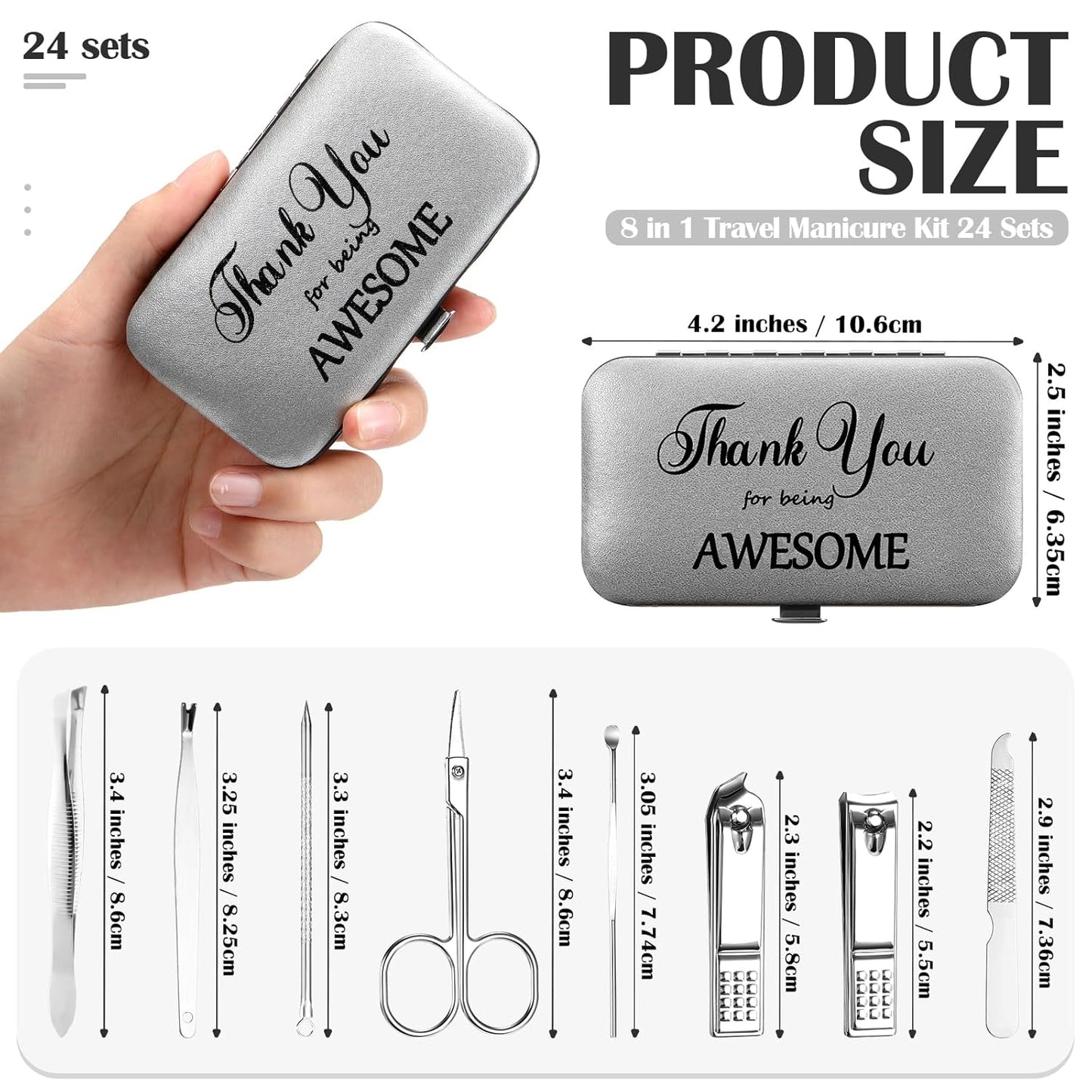 Therwen 24 Sets Manicure Set Nail Clippers 8 in 1 Stainless Steel Grooming Nail Kit Thank You Appreciation Gift Professional Pedicure Tool for Men Women Personal Care(Silver)