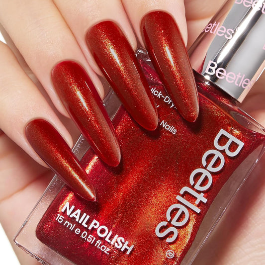 Beetles Red Nail Polish 15ml, Gifts Glitter Bright Orange Gorgeous Quick-Dry Glossy Nail Polish Crimson Heartbeat for Fingernail Toenail Manicure Nail Christmas Salon-Quality Results