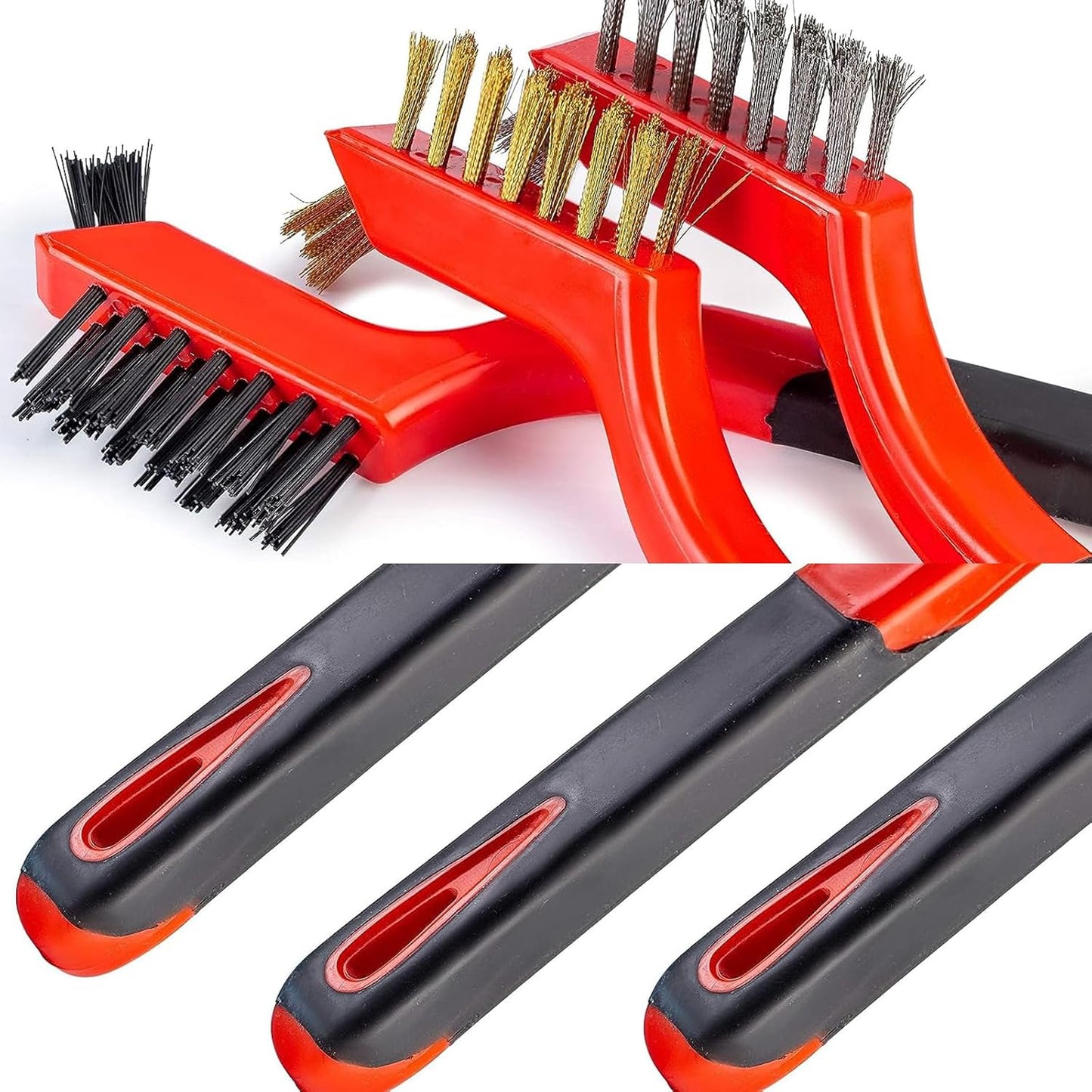 Wire Brush Set 3Pcs, Nylon/Brass/Stainless Steel Bristles with Curved Handle Grip for Cleaning with Curved Handle Grip for Rust Removal, Dirt, Paint Scrubbing Yellow