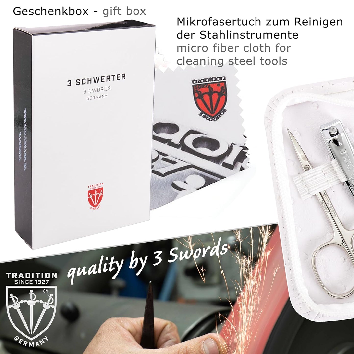 3 Swords Germany - brand quality 5 piece manicure pedicure grooming kit set with synthetic leather case ostrich white - Made in Germany