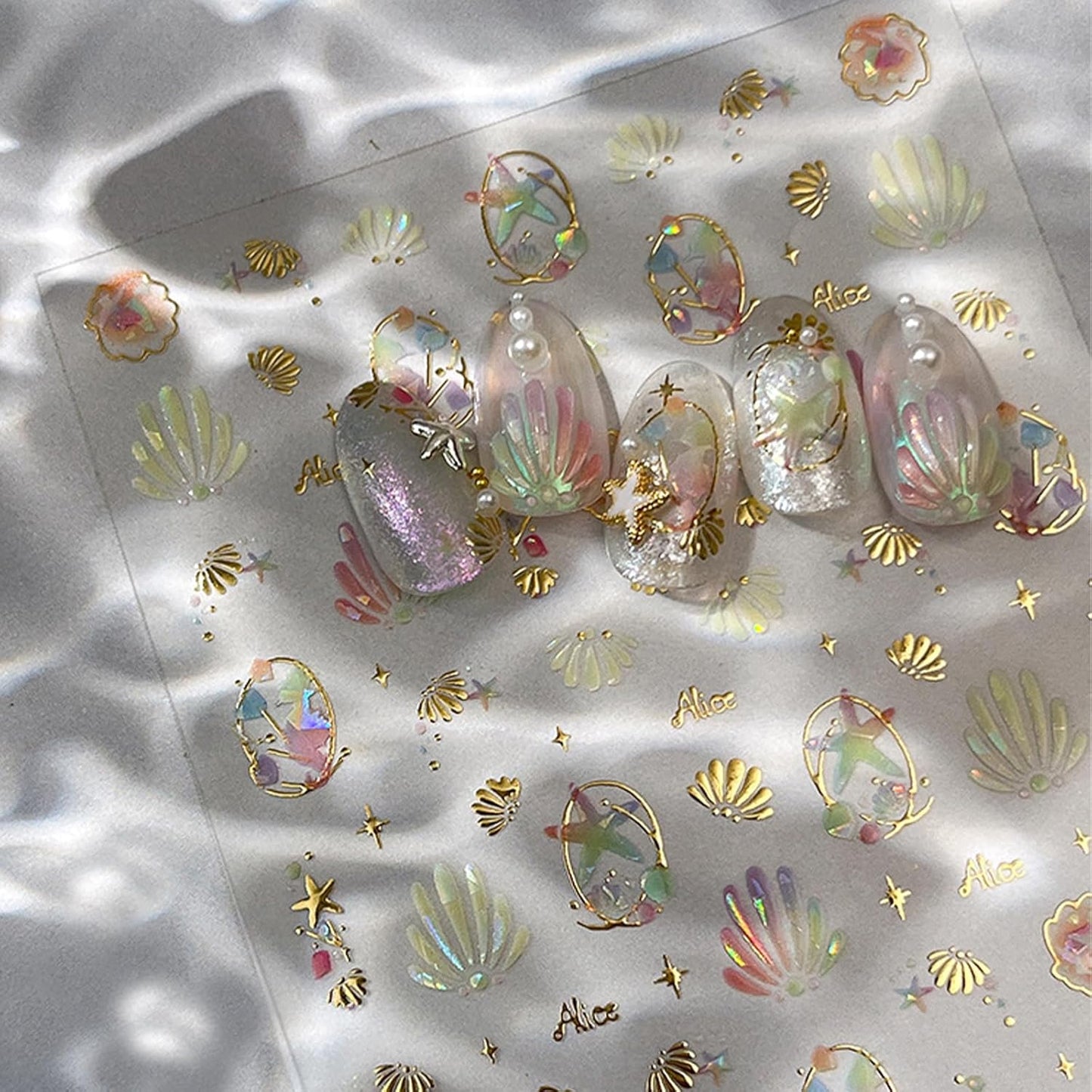 Summer Nail Art Stickers Extra Shiny 5D Self-Adhesive Shell Starfish Nail Decals Gold Star Shell Design Summer Beach Ocean Nail Supplies for Women Manicure Decorations Exquisite Cardboard Set 1 Sheet