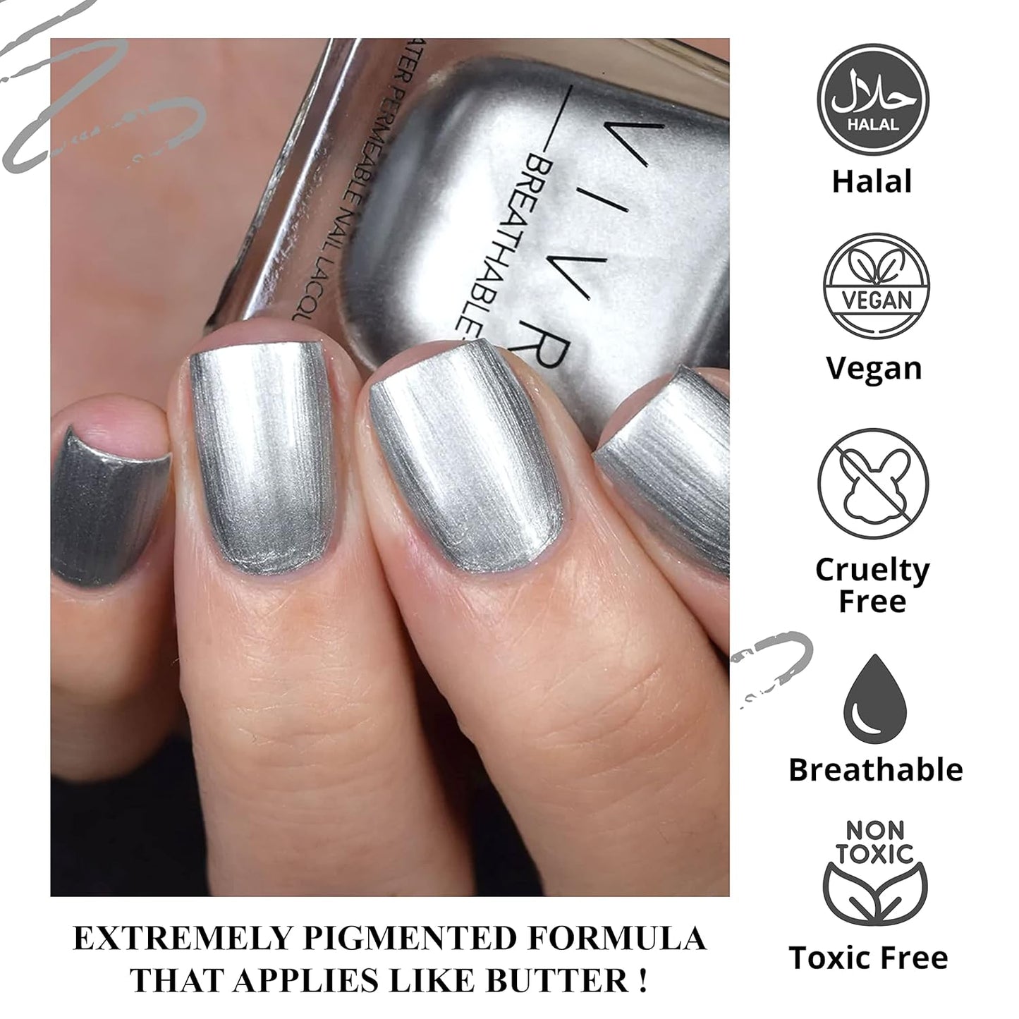 VIVRE Cosmetics Quick Dry Shiny Halal Nail Polish - Vegan, Non Toxic, Long Lasting, Breathable & Water Permeable - No Place Like Chrome