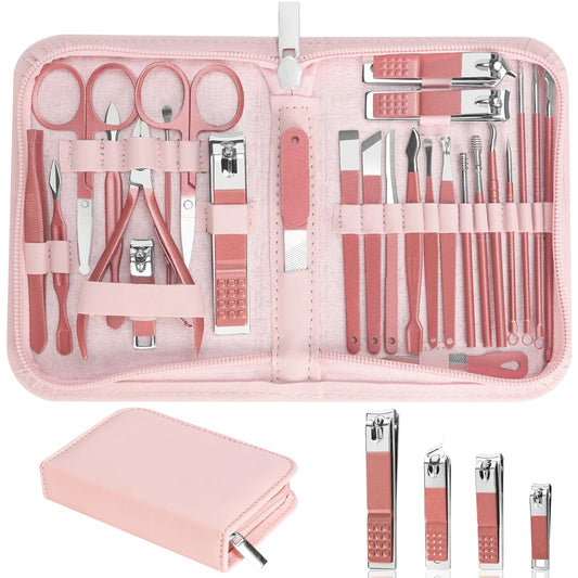 Nail Clippers Set, 26 Piece Manicure Set & Pedicure Kit, Stainless Steel Fingernail & Toenail Clipper Cutters, Professional Nail Care Tools with Luxurious Travel Case for Men and Women, Pink
