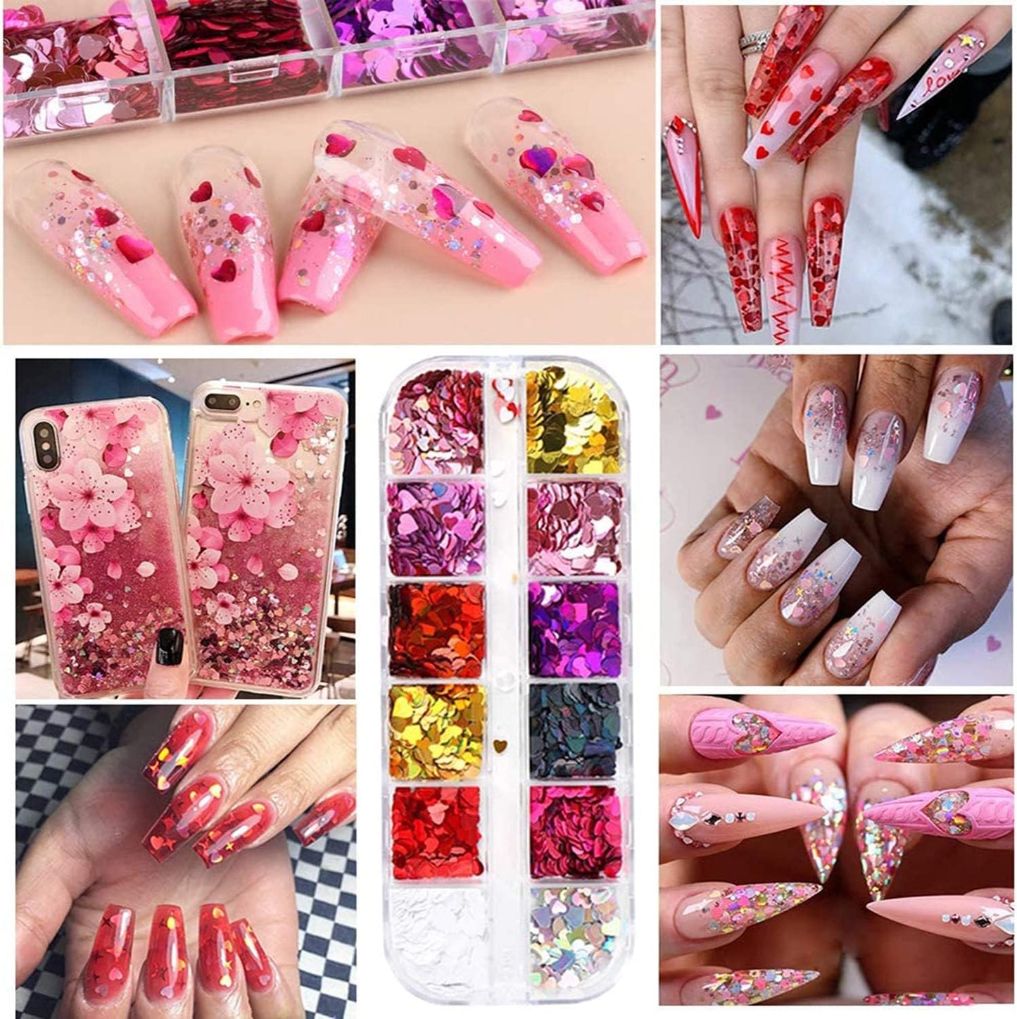 12 Colors Heart Holographic Nail Glitter Sequin Accessories Colorful 3D Heart Nail Flakes Powder UV Gel Polish Acrylic Design for Women Girls Manicure Tips False Nails Supplies Kit Decorations