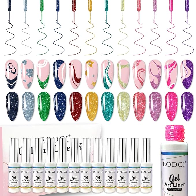 Reflective Glitter Nail Art Gel Liner Set, 12 Colors Shiny Pink Purple Yellow Green Glitter Gel Polish for Swirl French Tip Painting Designs Soak Off Built Thin Brush DIY Nail Starter Kit